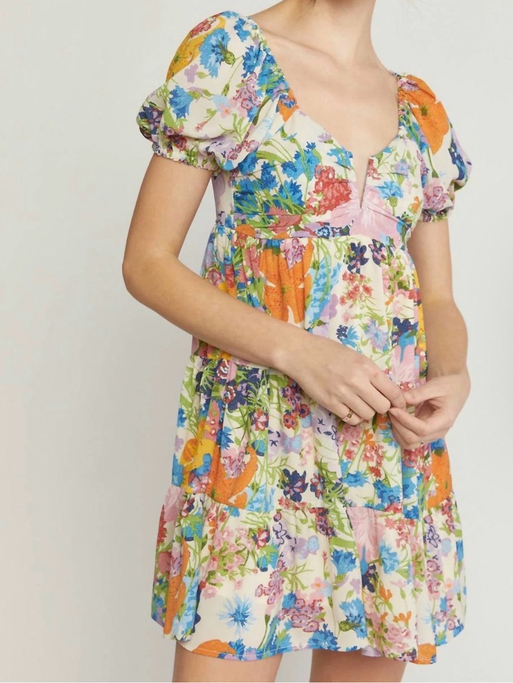 entro Floral Patchwork Puff-Sleeve Mini Dress in Orange, Blue, Pink, Green